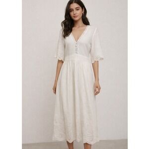 Zara White Embroidered Eyelet Midi Dress XL | Cottagecore Lace V-Neck NWT